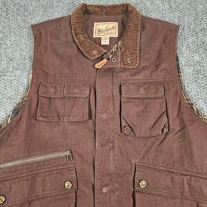 Woolrich Mens XL Vest Brown‎ Canvas Corduroy Collar Plaid Lined Outdoor